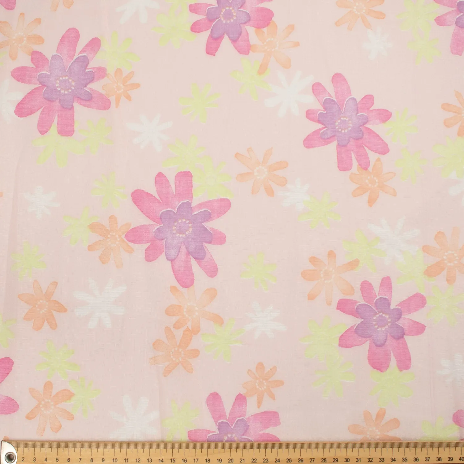 Printed Cotton Voile Design-61 Yellow, Pink & Orange Flowers on Baby Pink