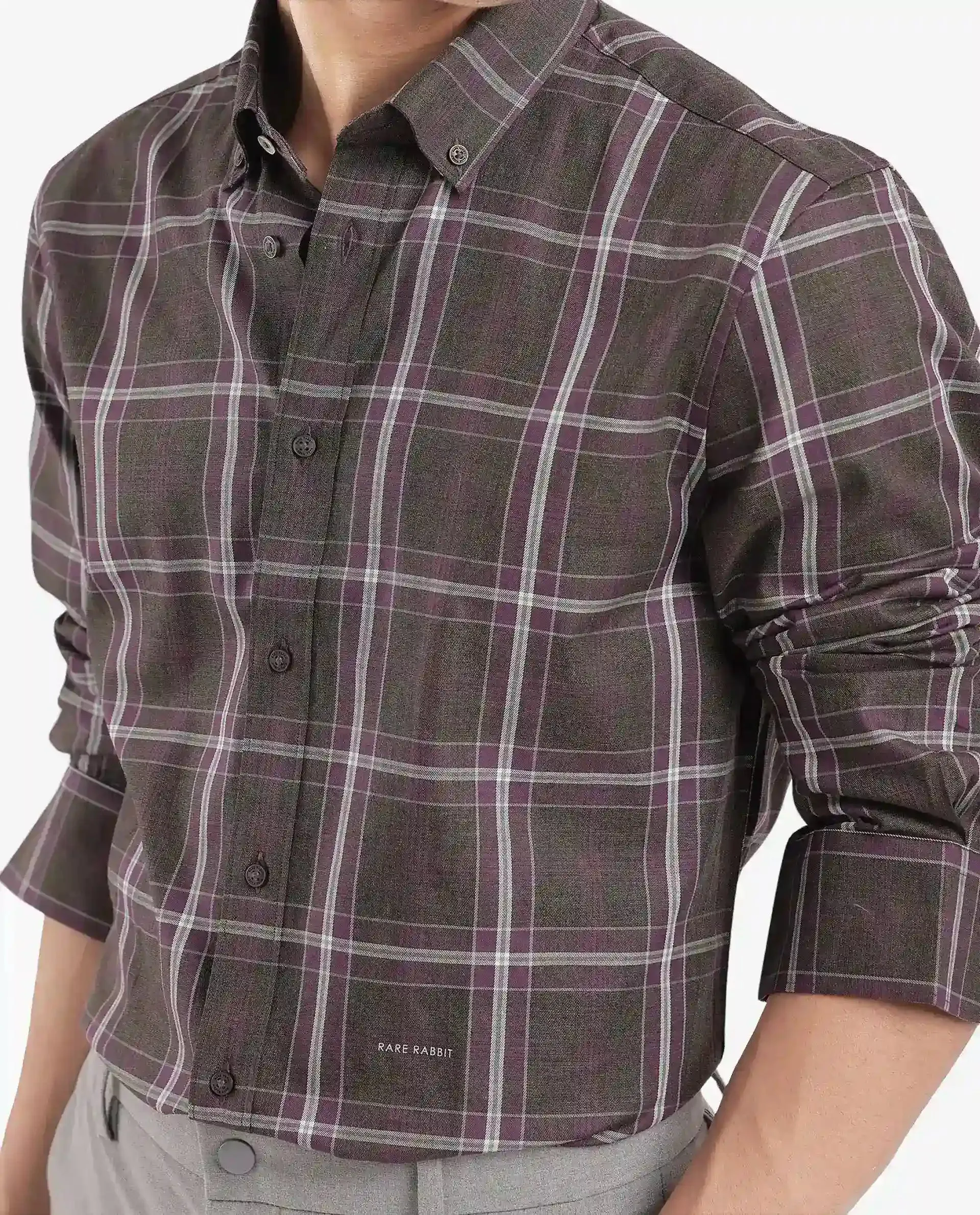 Rare Rabbit Men Cordy Dark Olive Full Sleeve Cotton Fabric Regular Fit Checks Shirt