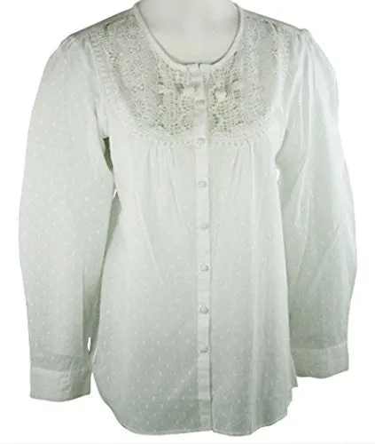 Ravel Fashion Flutter Sleeve Scoop Neck Patterned Cut-Outs White Peasant Blouse