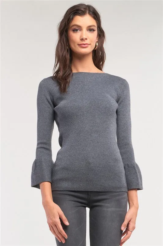 Ribbed Knit Boat Neck Bell Sleeve Fitted Sweater