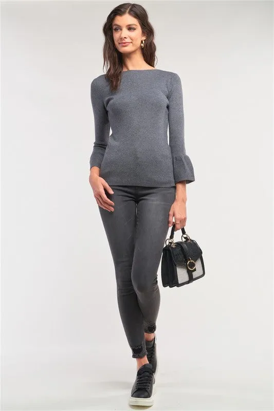 Ribbed Knit Boat Neck Bell Sleeve Fitted Sweater