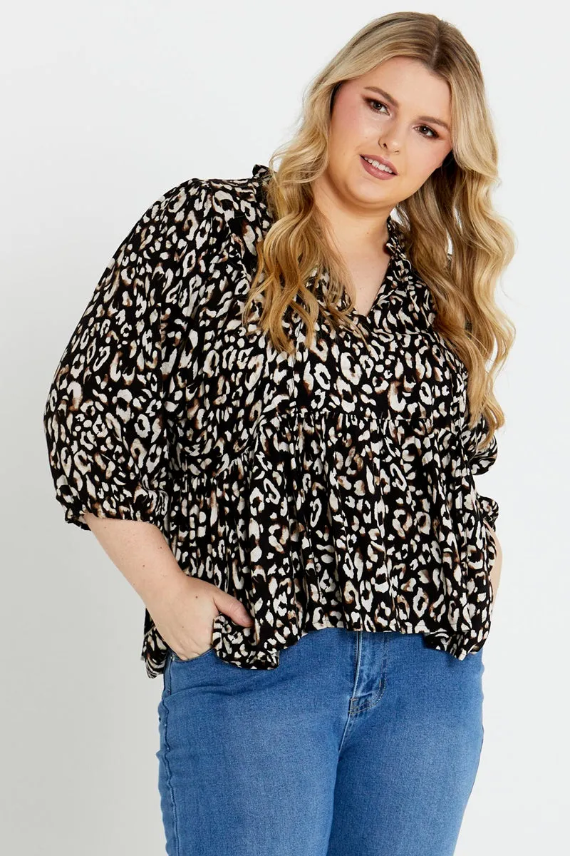 Sass - Korra Gathered Boho Top - Black Animal