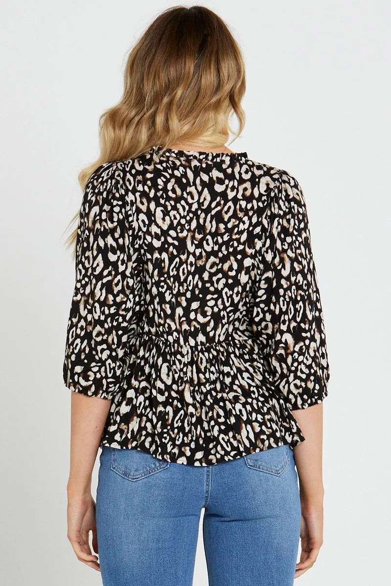 Sass - Korra Gathered Boho Top - Black Animal