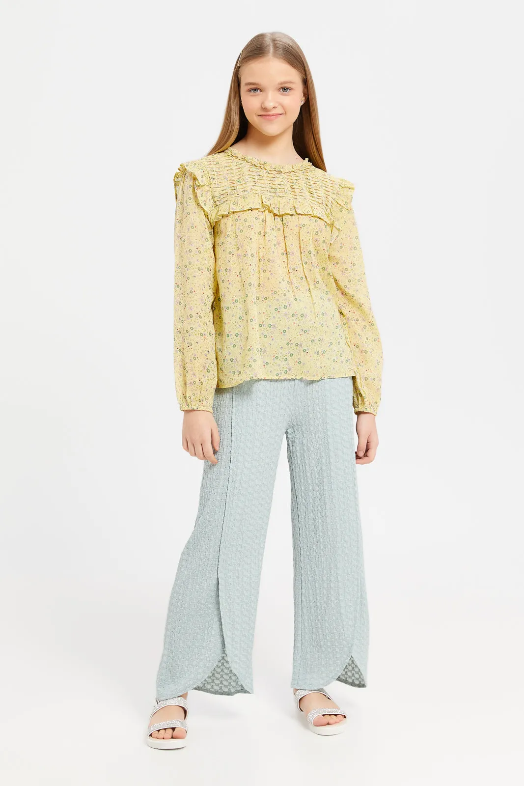 Senior Girls Yellow Ditsy Floral Front Pleated Blouse