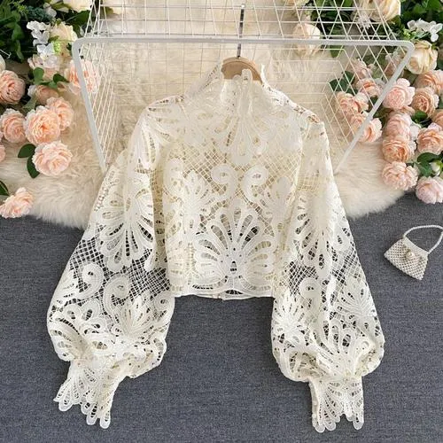 Sexy Lace Hollow Out Short Blouse Casual Lantern Long Sleeve Stand Collar Shirts Female Elegant Red/Pink/White Loose Tops 2020