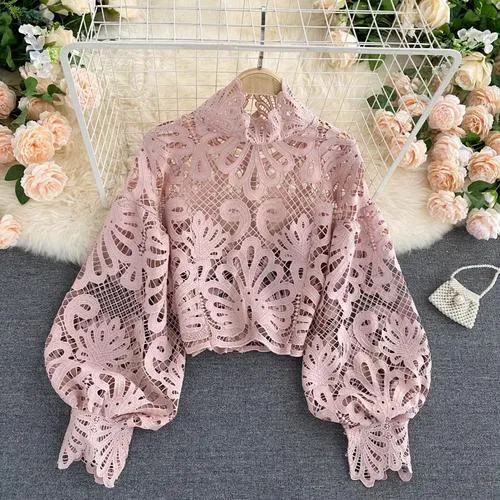 Sexy Lace Hollow Out Short Blouse Casual Lantern Long Sleeve Stand Collar Shirts Female Elegant Red/Pink/White Loose Tops 2020