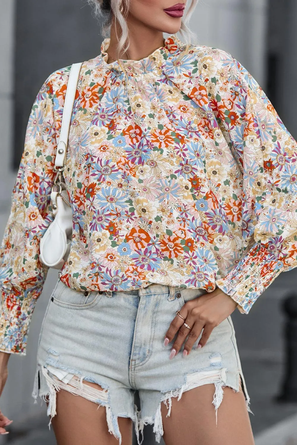 Shirred Cuffs Bubble Sleeve Floral Blouse for Women