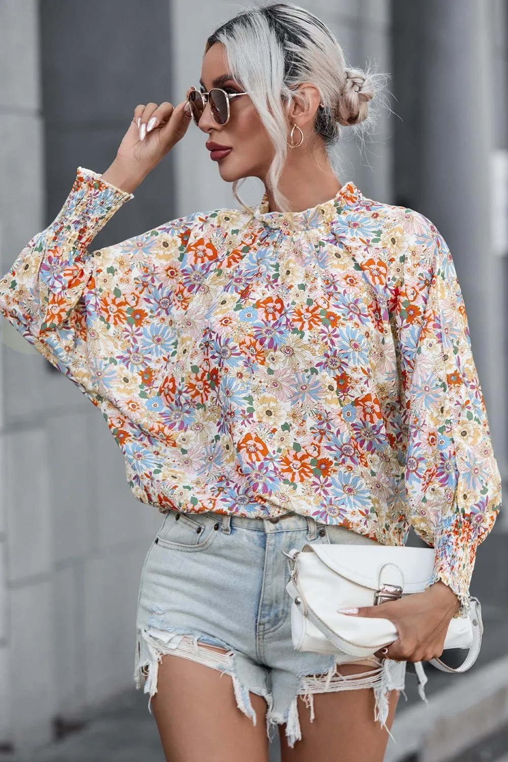 Shirred Cuffs Bubble Sleeve Floral Blouse for Women