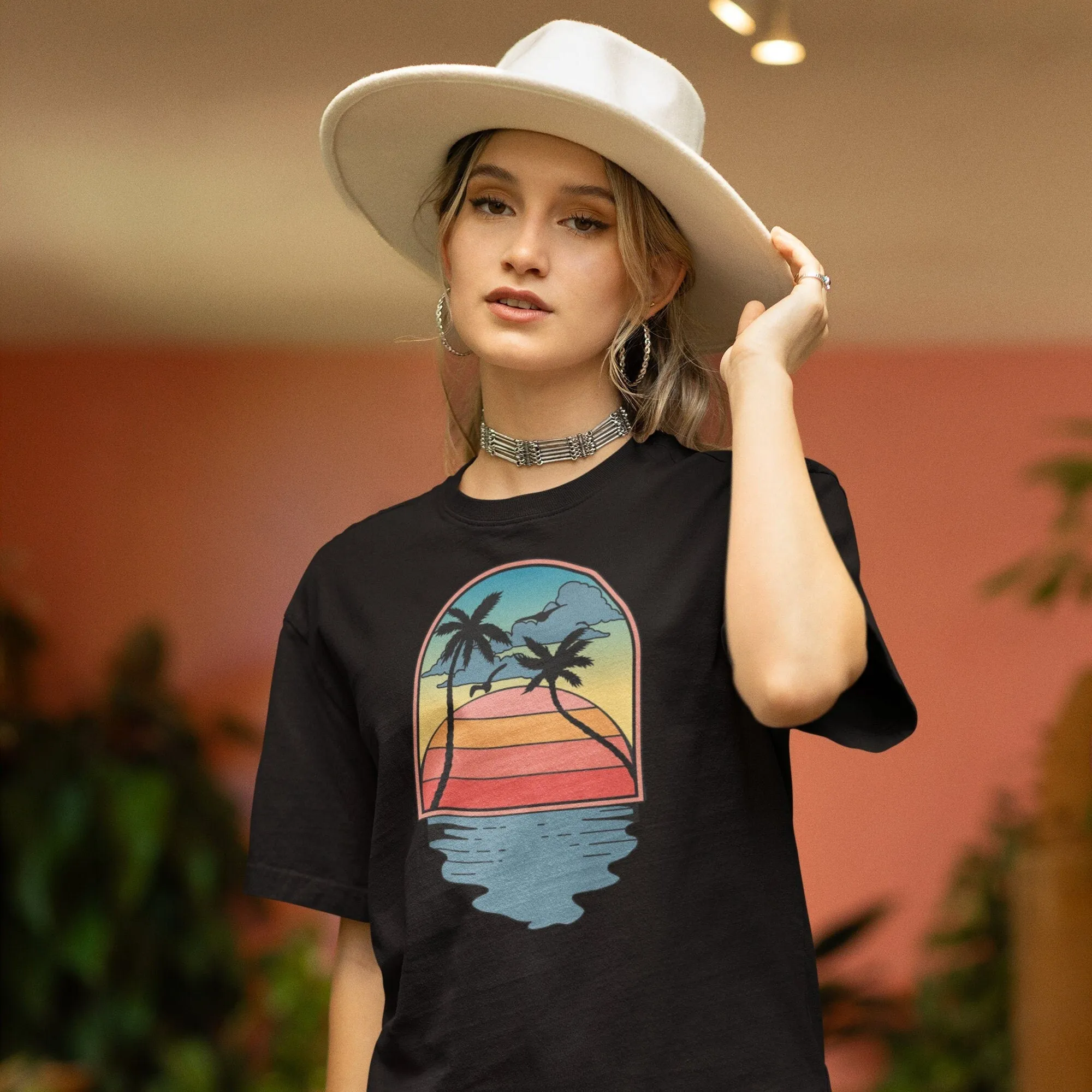 Tropical Sunset Reflection Tankt, Retro Palm Tree Design Tee, Retro Sunset Rays Wavy Shirt, Sun Shirt, Retro Sunshine Shirt, Sunset Tee