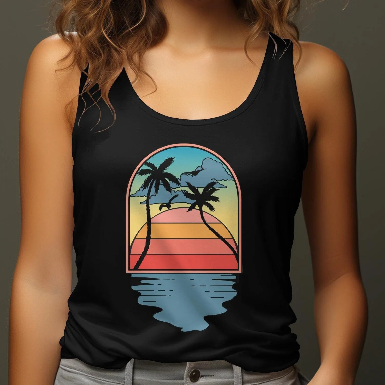 Tropical Sunset Reflection Tankt, Retro Palm Tree Design Tee, Retro Sunset Rays Wavy Shirt, Sun Shirt, Retro Sunshine Shirt, Sunset Tee