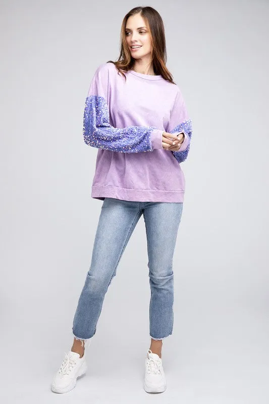 Velvet Sequin Sleeve Mineral Washed Top in Periwinkle