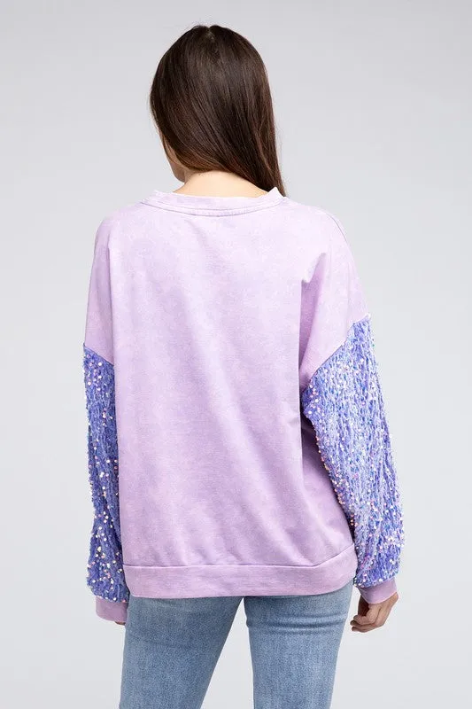 Velvet Sequin Sleeve Mineral Washed Top in Periwinkle