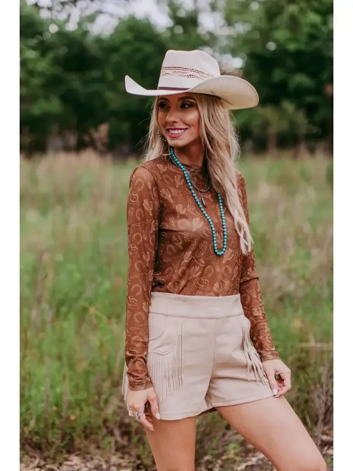 Western Cowboy Long Sleeve Mesh Top