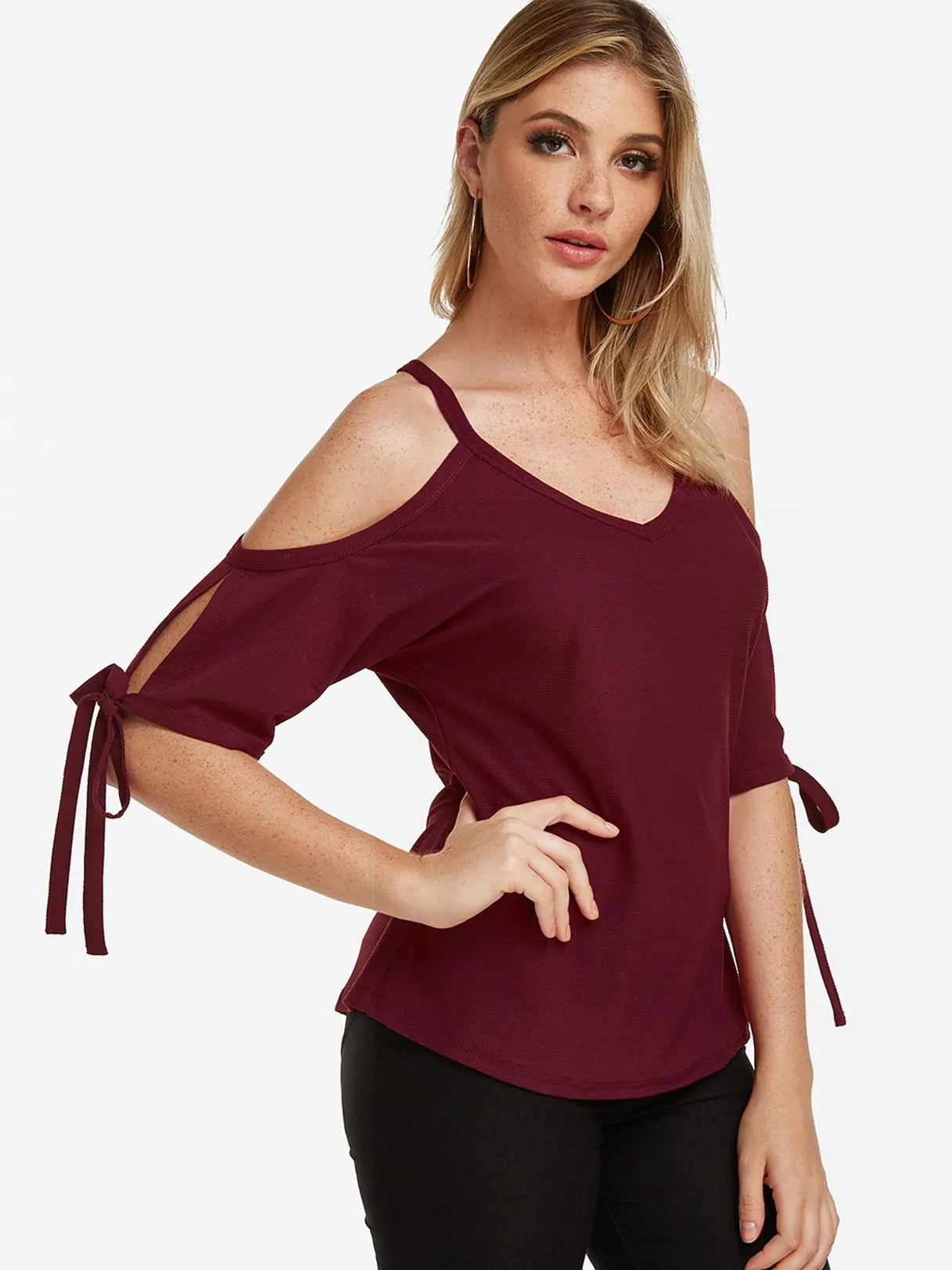 Wholesale Cold Shoulder Tie-Up Short Sleeve Burgundy T-Shirts