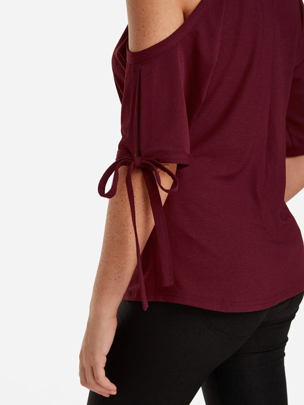 Wholesale Cold Shoulder Tie-Up Short Sleeve Burgundy T-Shirts