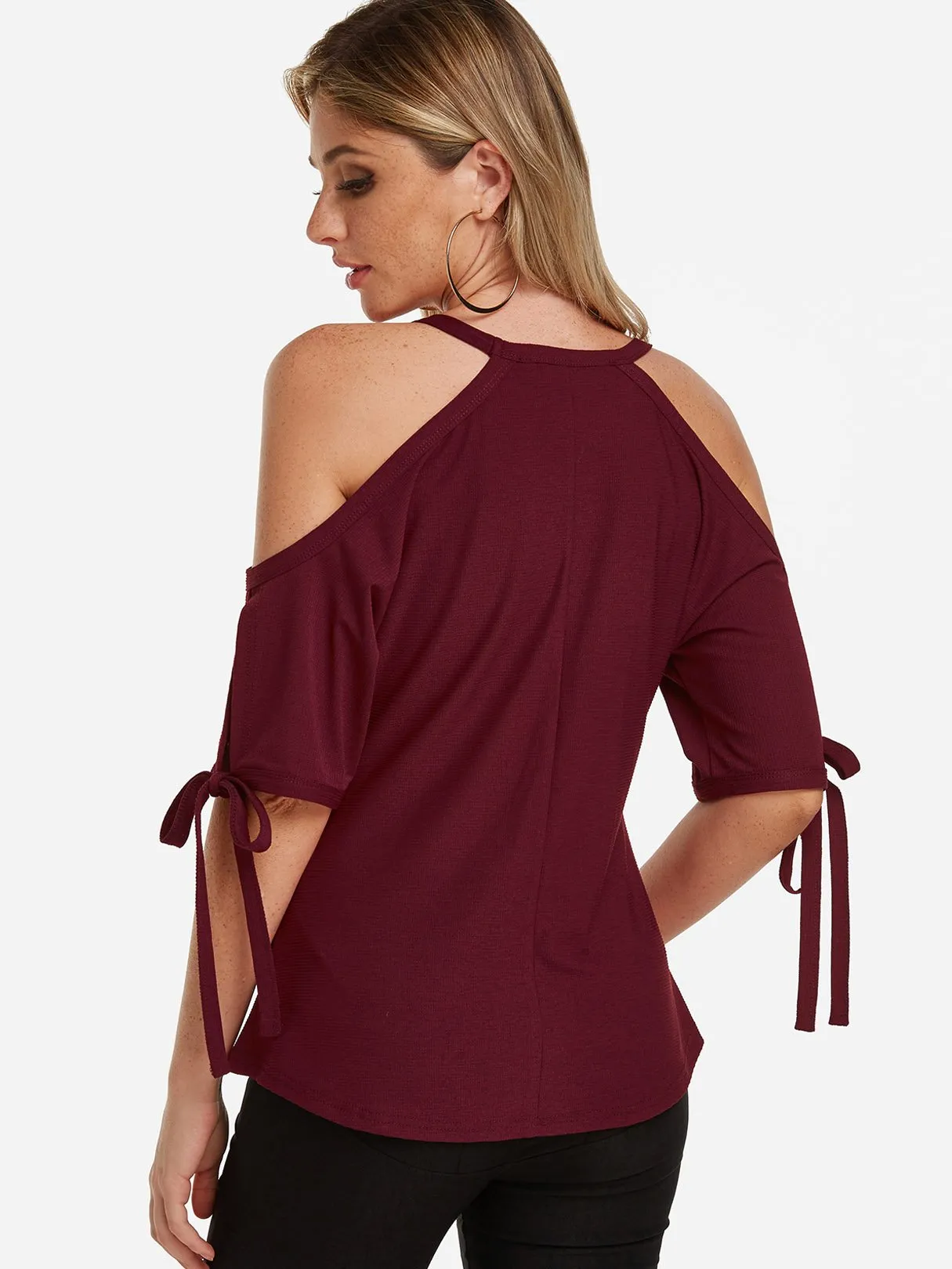 Wholesale Cold Shoulder Tie-Up Short Sleeve Burgundy T-Shirts