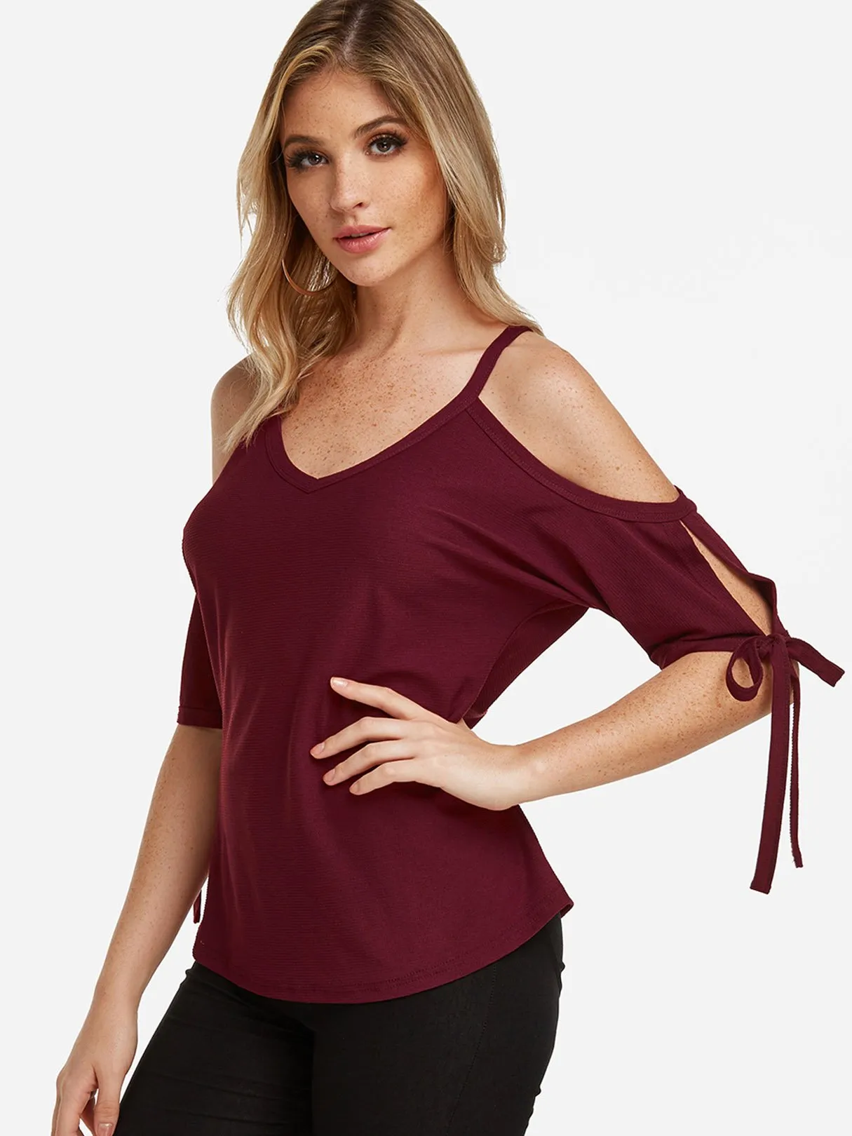 Wholesale Cold Shoulder Tie-Up Short Sleeve Burgundy T-Shirts