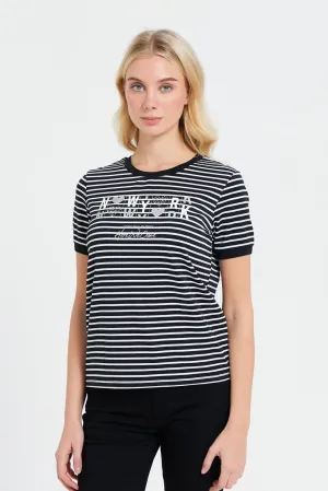 Women Black Striped Crew Neck Printed T-Shirt