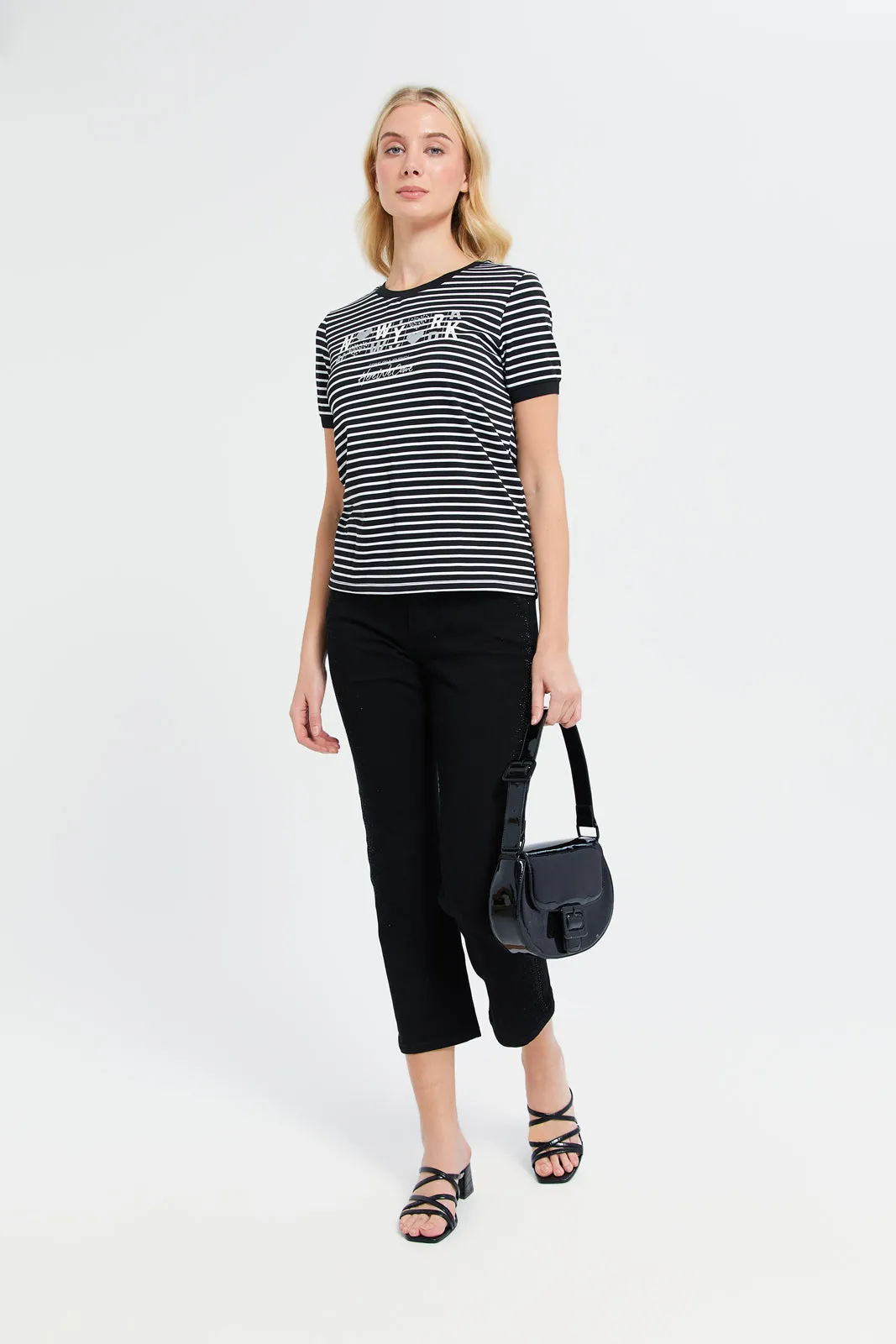 Women Black Striped Crew Neck Printed T-Shirt