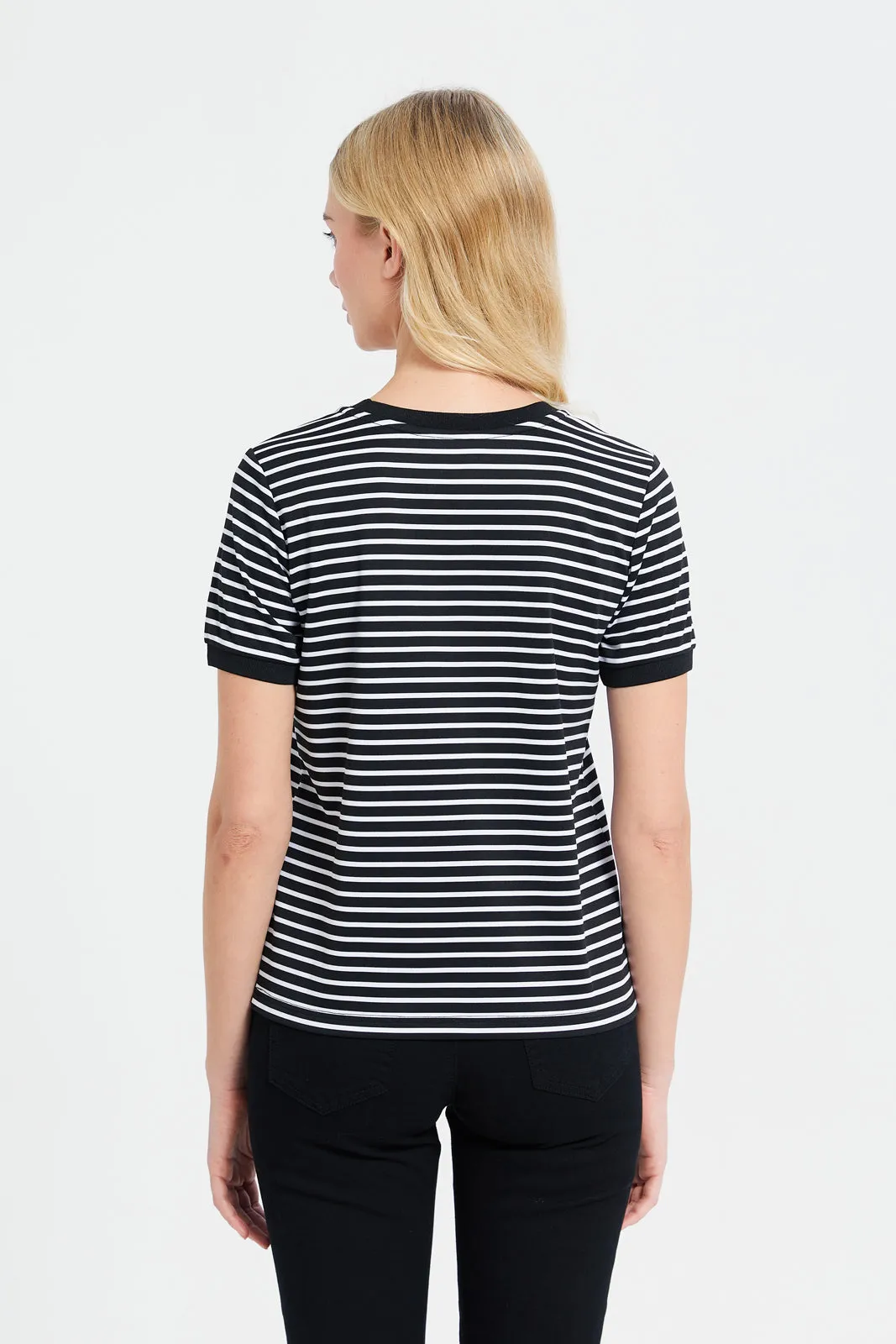 Women Black Striped Crew Neck Printed T-Shirt