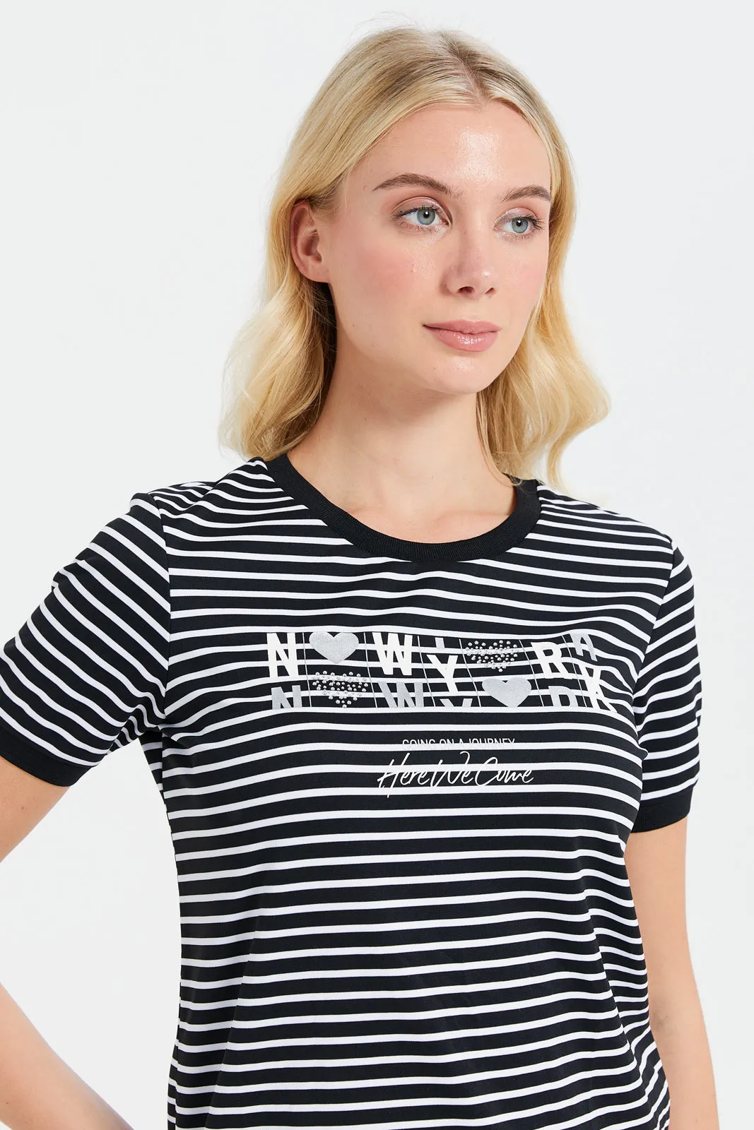 Women Black Striped Crew Neck Printed T-Shirt