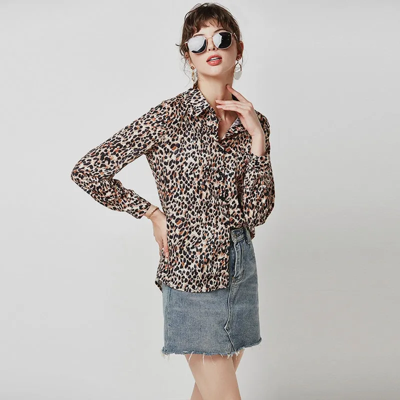 Women Leopard Blouse Vintage Turn Down Collar