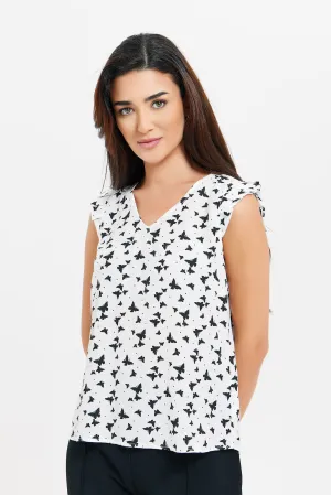 Women White And Black Printed Blouse