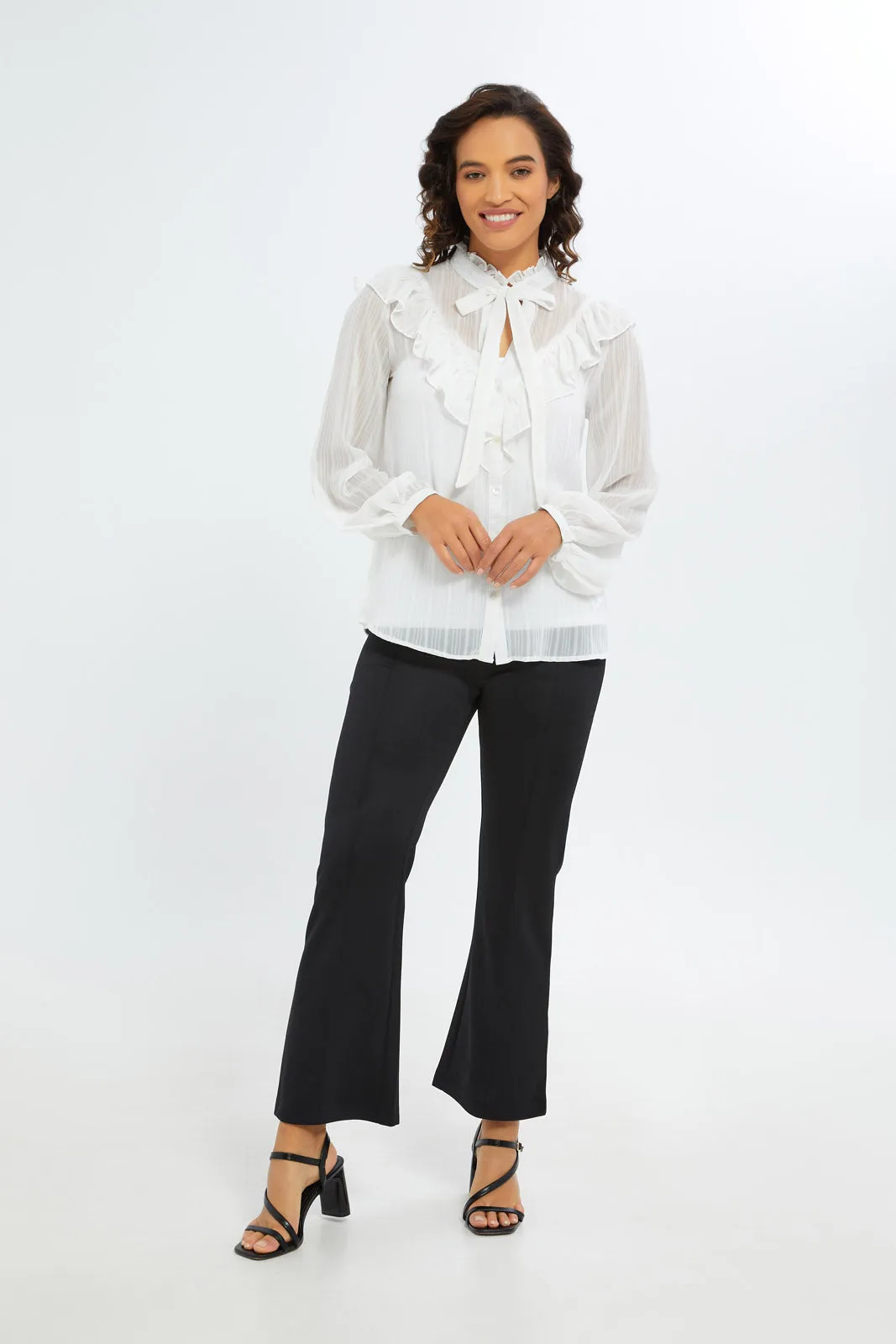 Women White Tie Front Frilly Blouse