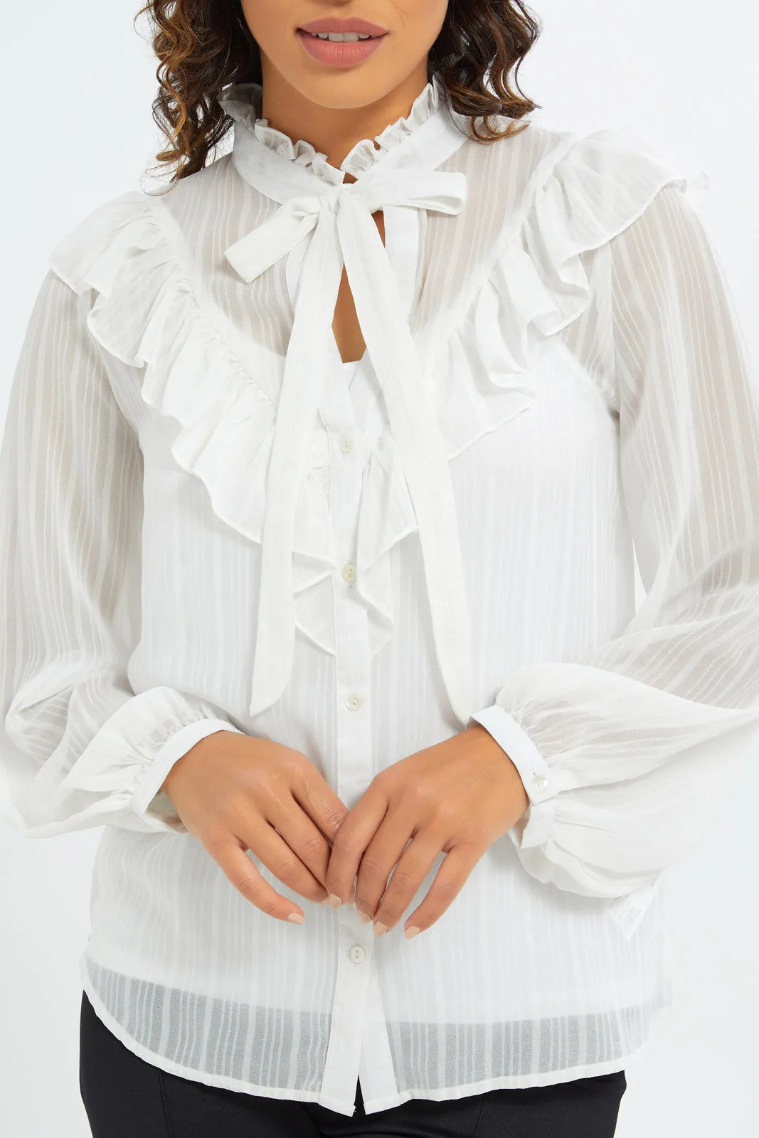 Women White Tie Front Frilly Blouse