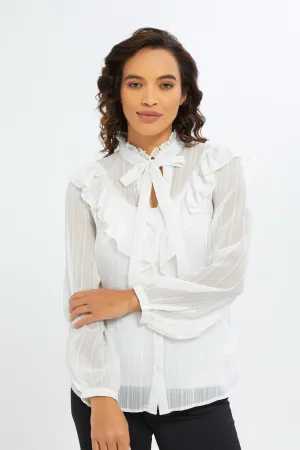 Women White Tie Front Frilly Blouse