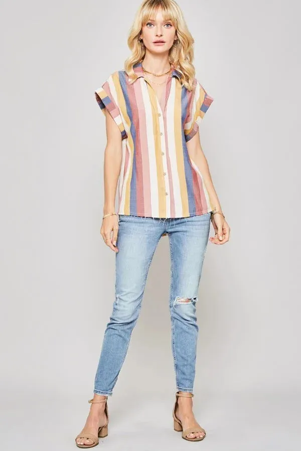 Women's A Woven Shirt In Multicolor Striped With Collared Neckline