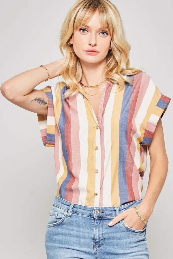 Women's A Woven Shirt In Multicolor Striped With Collared Neckline