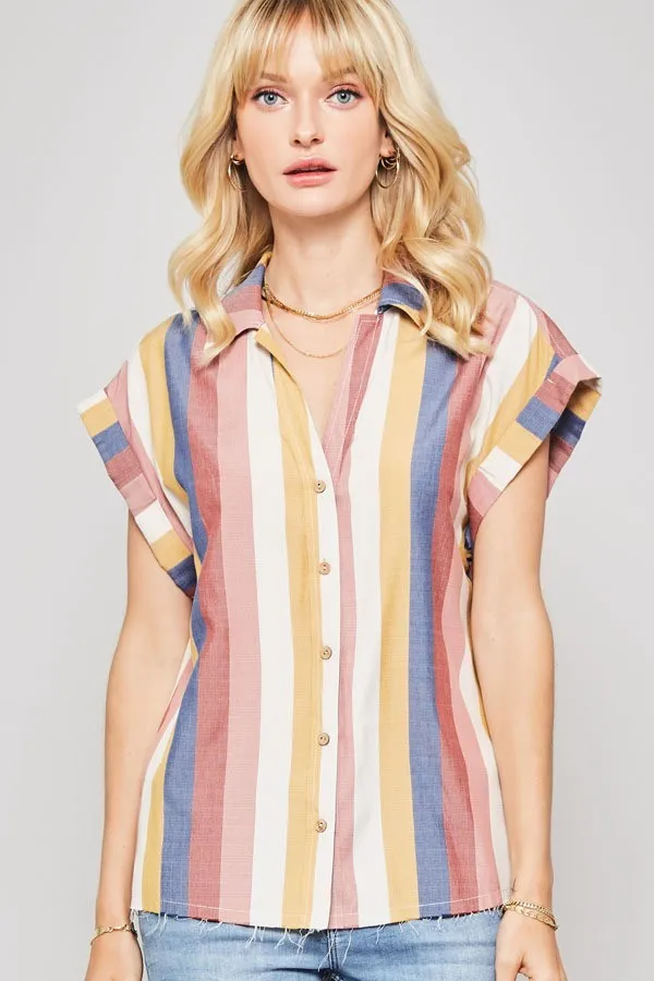 Women's A Woven Shirt In Multicolor Striped With Collared Neckline