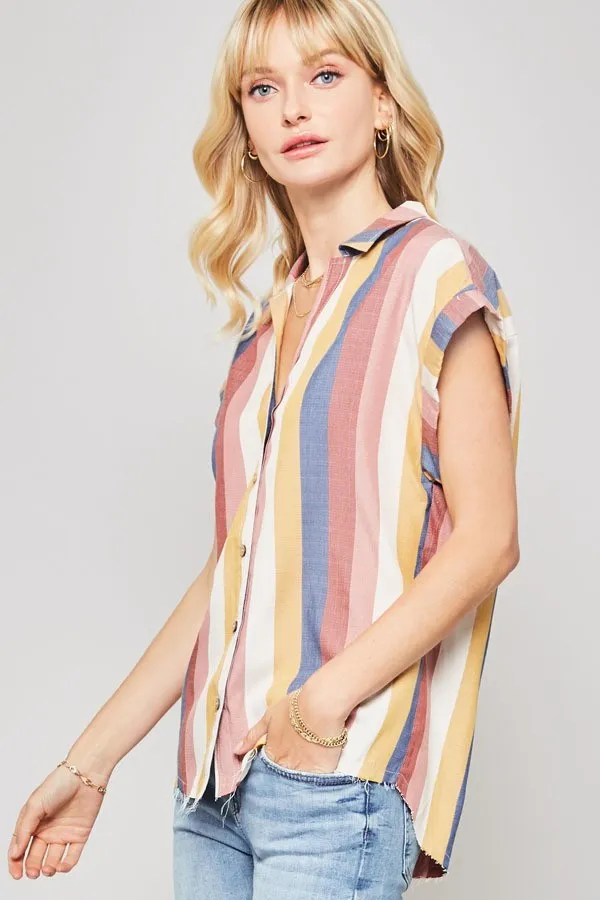 Women's A Woven Shirt In Multicolor Striped With Collared Neckline