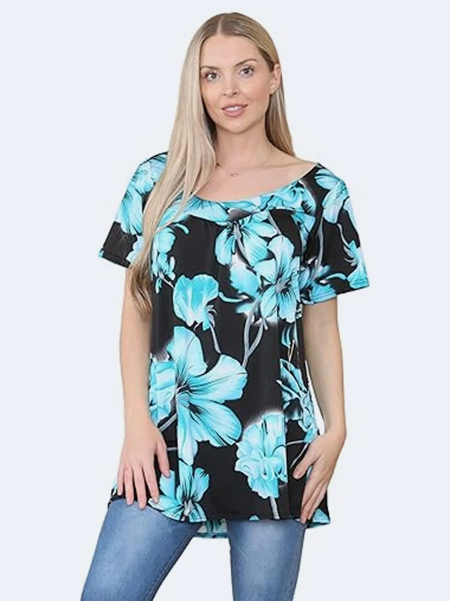 Womens Floral Print Scoop Neckline Smock Top