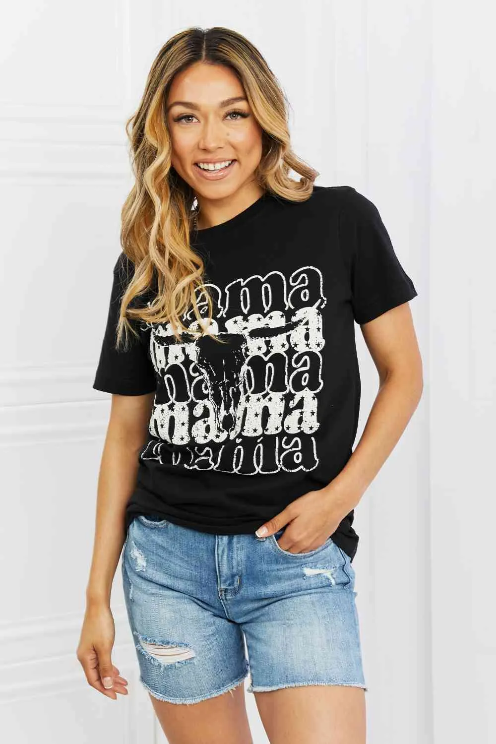 Women's mineB I Got It From My Mama Full Size Graphic Tee in Black