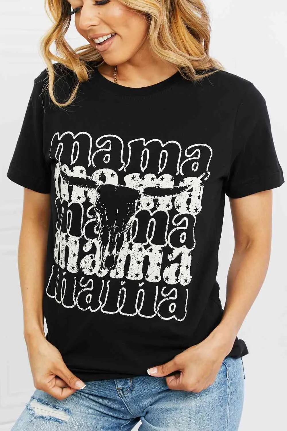 Women's mineB I Got It From My Mama Full Size Graphic Tee in Black