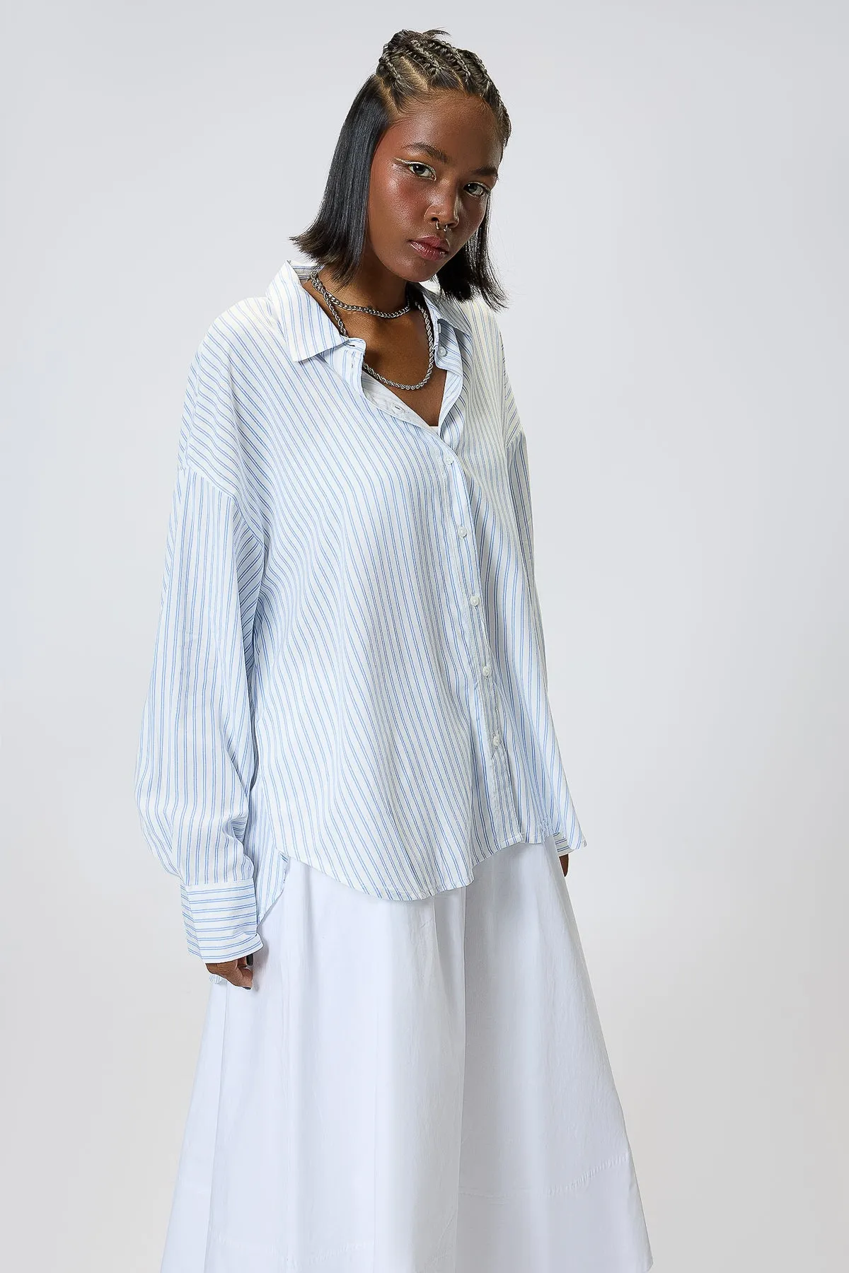 Women's Relaxed Fit Viscose Shirt-White/Blue